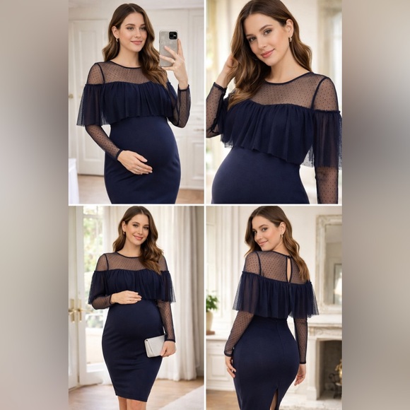 ASOS Dresses & Skirts - ASOS Navy Maternity Dress  Sheer Ruffle Bodycon Dress NWT, Party Dress